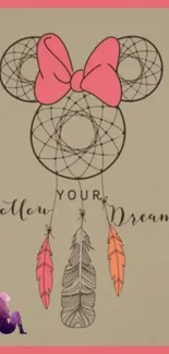 Beige dreamcatcher design with pink bow and colorful feathers.