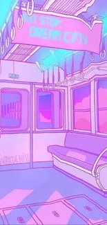 Dreamy pastel-themed train interior wallpaper with pink, blue, and purple hues.