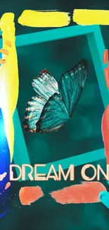 Teal butterfly on colorful abstract background.