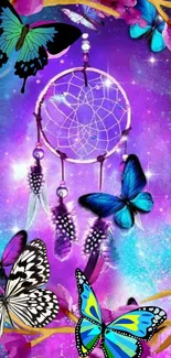 Colorful dreamcatcher and butterflies with galaxy background.