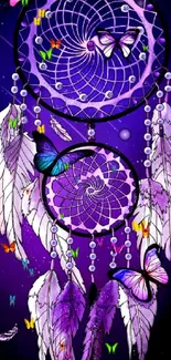 Purple dreamcatcher with butterflies and feathers on a mobile wallpaper.