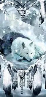 Dreamcatcher with wolves in mystical night scene wallpaper.