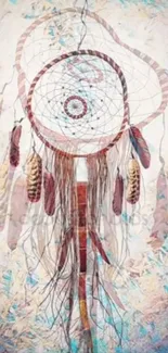 Dreamcatcher with feathers on artistic wallpaper.