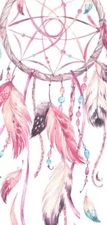 Pastel pink and blue dreamcatcher with feathers.