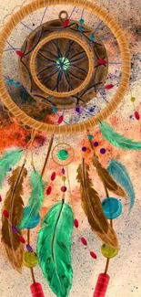 Colorful dreamcatcher with feathers on artistic background.