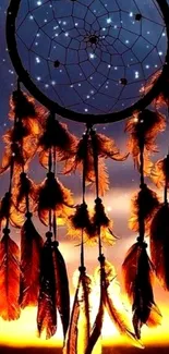 Dreamcatcher silhouette against a sunset sky with stars and glowing feathers.