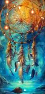 Vibrant dreamcatcher with mystical lights on a blue background.