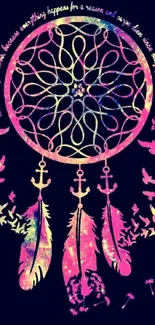 Dreamcatcher wallpaper with colorful feathers and birds on a dark purple background.