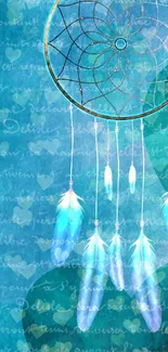 Dreamcatcher with feathers on a teal background with subtle patterns.