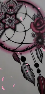 Floral dreamcatcher mobile wallpaper with feathers and pink accents.