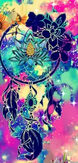 Colorful dreamcatcher with flowers and feathers on a cosmic background.