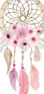 Pastel floral dreamcatcher with feathers and pink flowers.