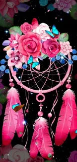 Dreamcatcher with pink feathers, flowers, and butterflies on a starry background.