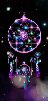 Purple dreamcatcher with celestial glow on a dark galaxy background.