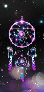 Purple galaxy dreamcatcher with stars background.