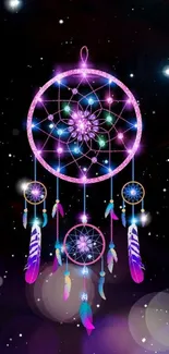 Vibrant galaxy dreamcatcher mobile wallpaper with colorful feathers.