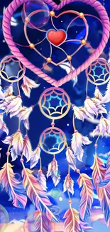 Vibrant dreamcatcher with heart and feathers on a mystical night sky background.