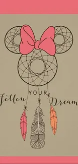 Dreamcatcher wallpaper with bow and feathers saying 'Follow Your Dreams'.