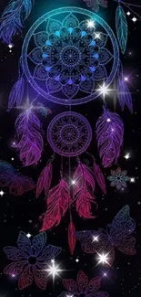 Neon dreamcatcher with butterflies and feathers on a dark cosmic background.