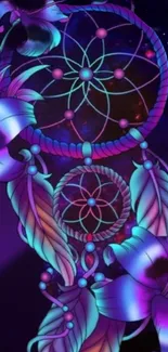 Neon dreamcatcher with glowing flowers on a deep purple background.