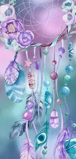 Pastel dreamcatcher with feathers and flowers in purple tones.