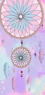 Dreamcatcher with pastel hues and feathers in a whimsical design.