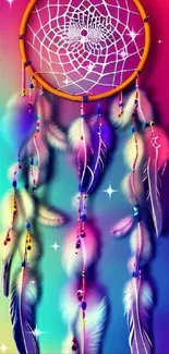 Colorful dreamcatcher wallpaper with feathers and vivid gradient background.