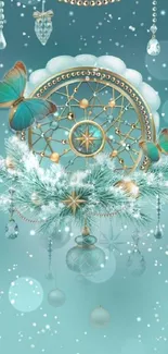 Turquoise winter dreamcatcher wallpaper with butterflies.