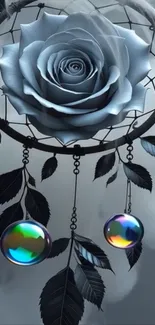 Dreamcatcher with a blue rose and leaves.