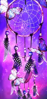 Vibrant purple dreamcatcher with butterflies and feathers.