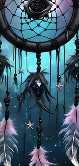 Dreamcatcher with feathers against starry sky background.