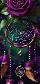 Purple rose with dreamcatcher on cosmic backdrop.