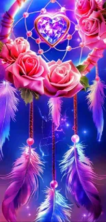 Dreamcatcher with pink roses and colorful feathers on a vibrant background.