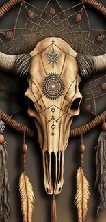 Decorative dreamcatcher with skull and feathers.
