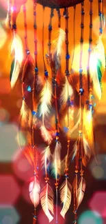 Dreamcatcher with vibrant feathers and glowing bokeh lights.