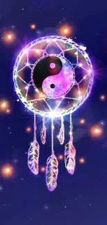 Dreamcatcher with Yin Yang symbol on a dark blue background.