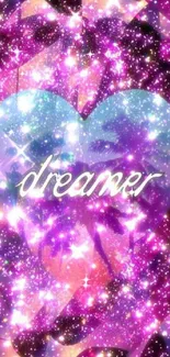 Dreamer heart with cosmic purple sparkles in a vibrant mobile wallpaper.