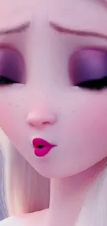 Close-up of a dreamlike animated character with purple eyeshadow and pink lips.