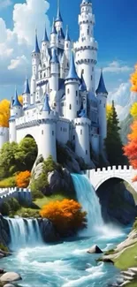 A majestic castle by a waterfall with vibrant autumn trees.