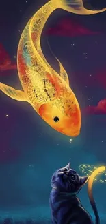 A dreamlike scene with a glowing fish and curious cat under a dark blue sky.