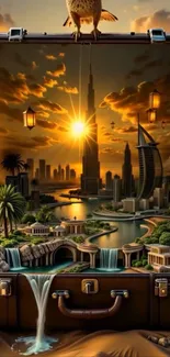 Surreal cityscape with a sunset in an open suitcase, blending nature and architecture.