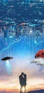 Surreal cityscape with couple, UFO, and red moon in night sky.