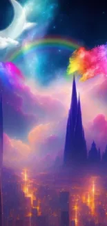 Dreamlike cityscape with rainbow and moon in vibrant colors.