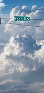 Surreal clouds with traffic light in a blue sky.