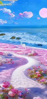 Fantasy coastal scene with pink sand and ocean backdrop.