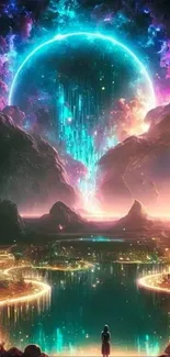 Fantasy landscape wallpaper with neon elements and celestial scenery.