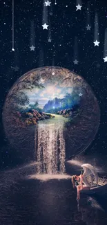 Surreal cosmic waterfall flowing from a celestial sphere against a starry sky.