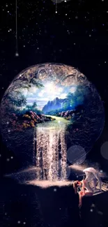 Fantasy wallpaper with stars, waterfall, and dreamlike landscape.