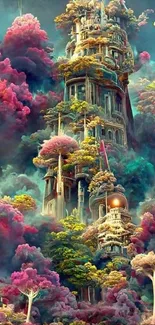 Fantasy tower surrounded by vibrant clouds in a dreamlike mobile wallpaper.