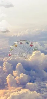 Dreamy Ferris wheel floating among clouds at sunset.